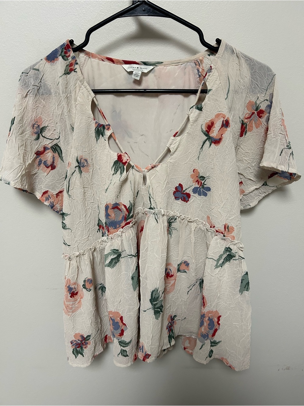 Lucky Brand Floral Peplum Blouse Small Cream Flutter Sleeve Lined Cottagecore - Picture 2 of 8